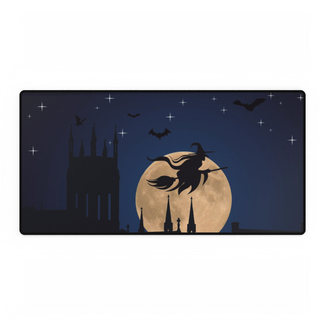 Witch on her Broomstick Flying over the City with a Full Moon Mouse Pad (Desk Mat)